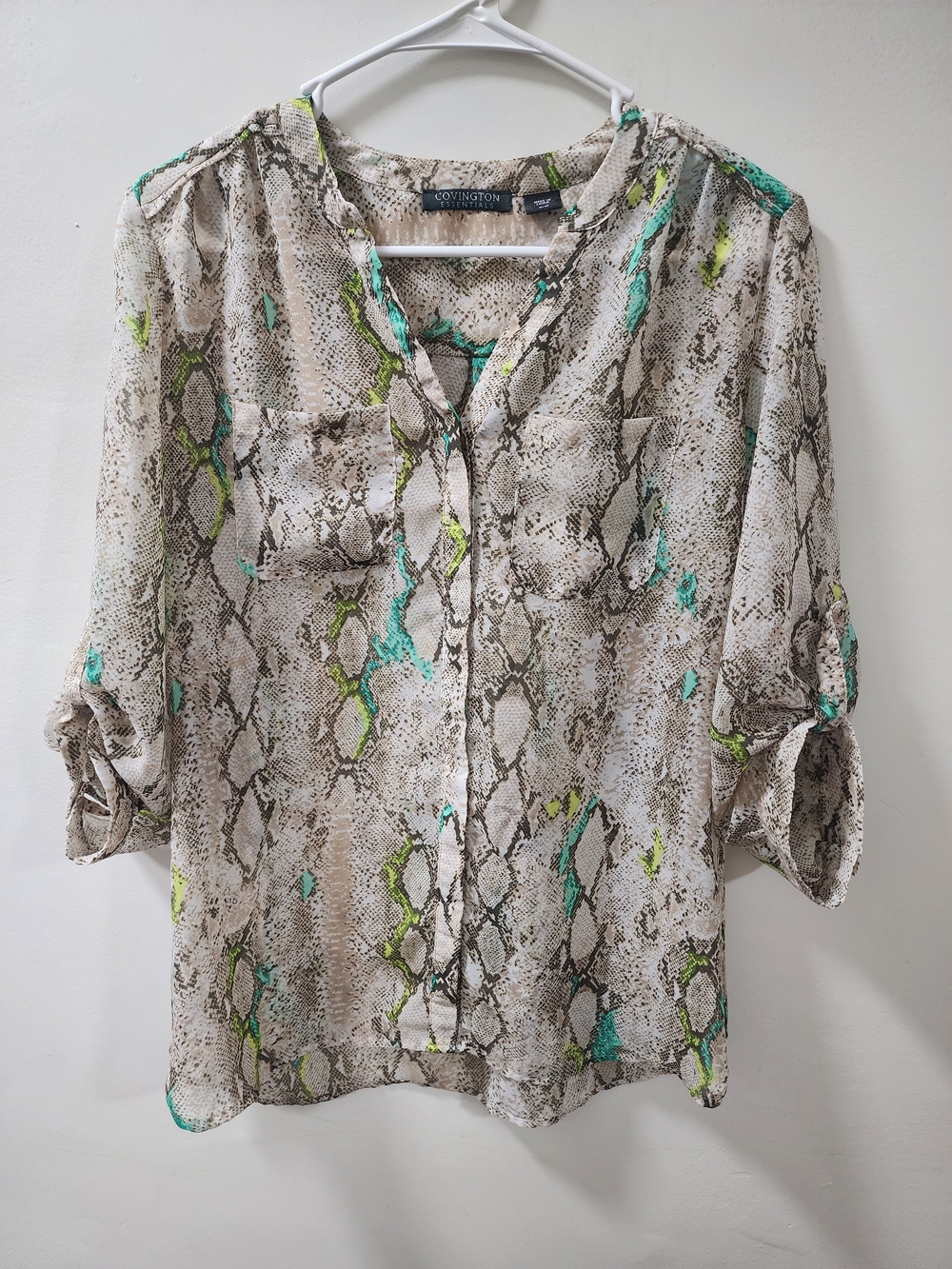 Covington Essentials Snakeskin Print Roll-Tab Sleeve Blouse Size M